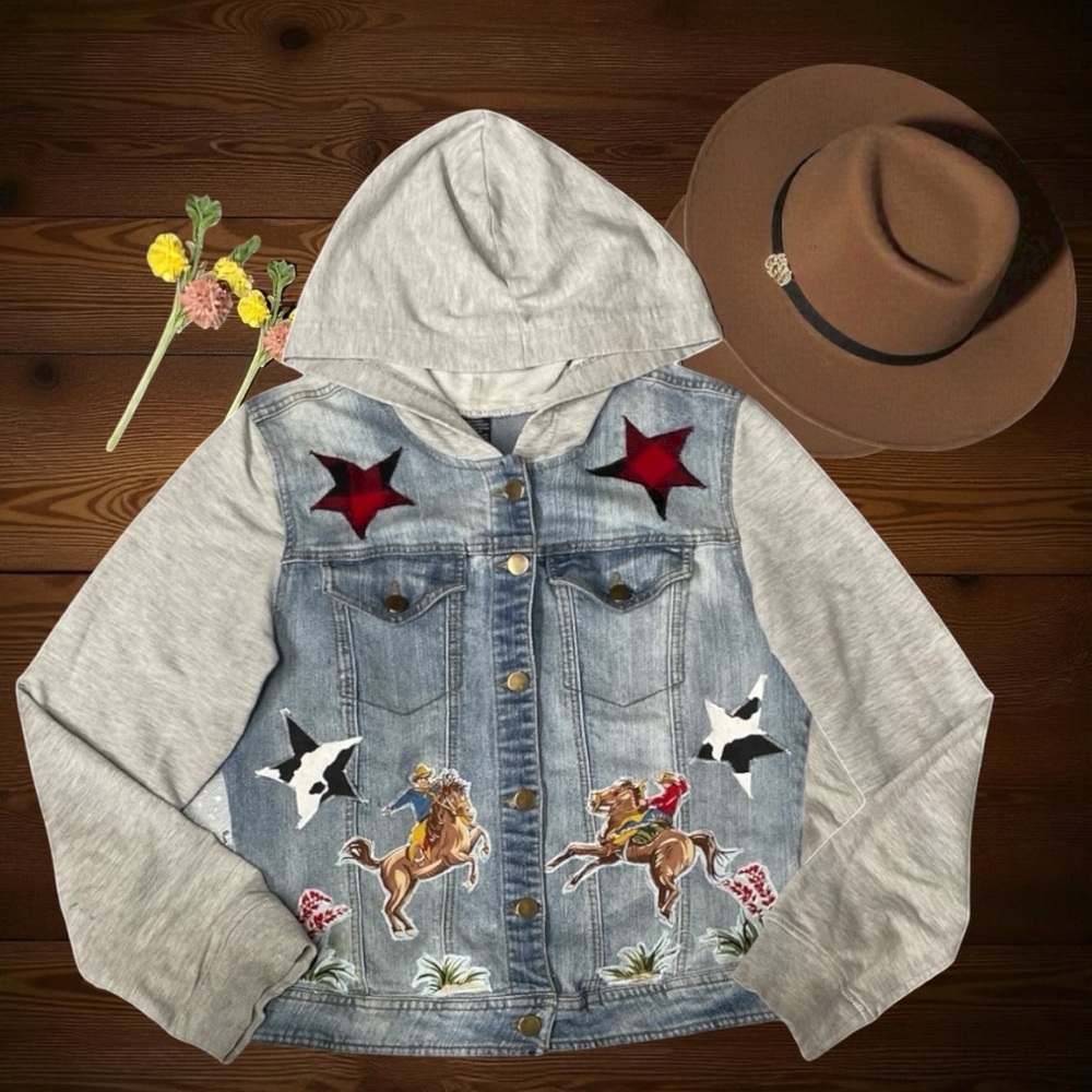 Denim Jacket with Gray Sleeves and Star Patches